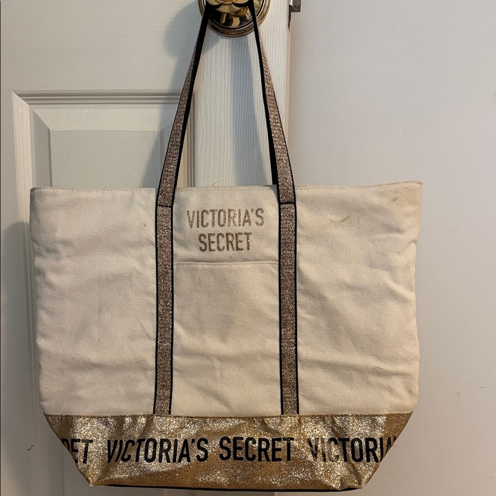 Victoria's Secret Cream and Gold Glitter-Trim Canvas Tote